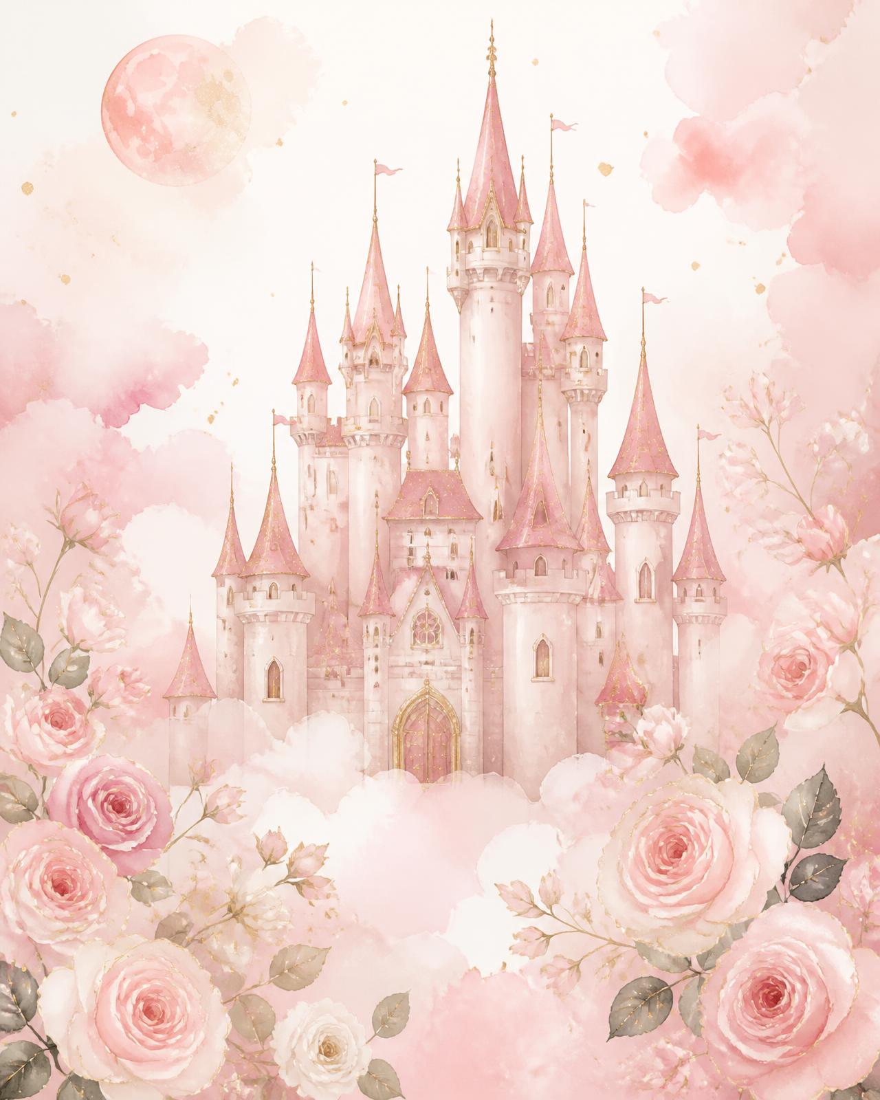 Castillo de cuento entre nubes rosas y rosas doradas